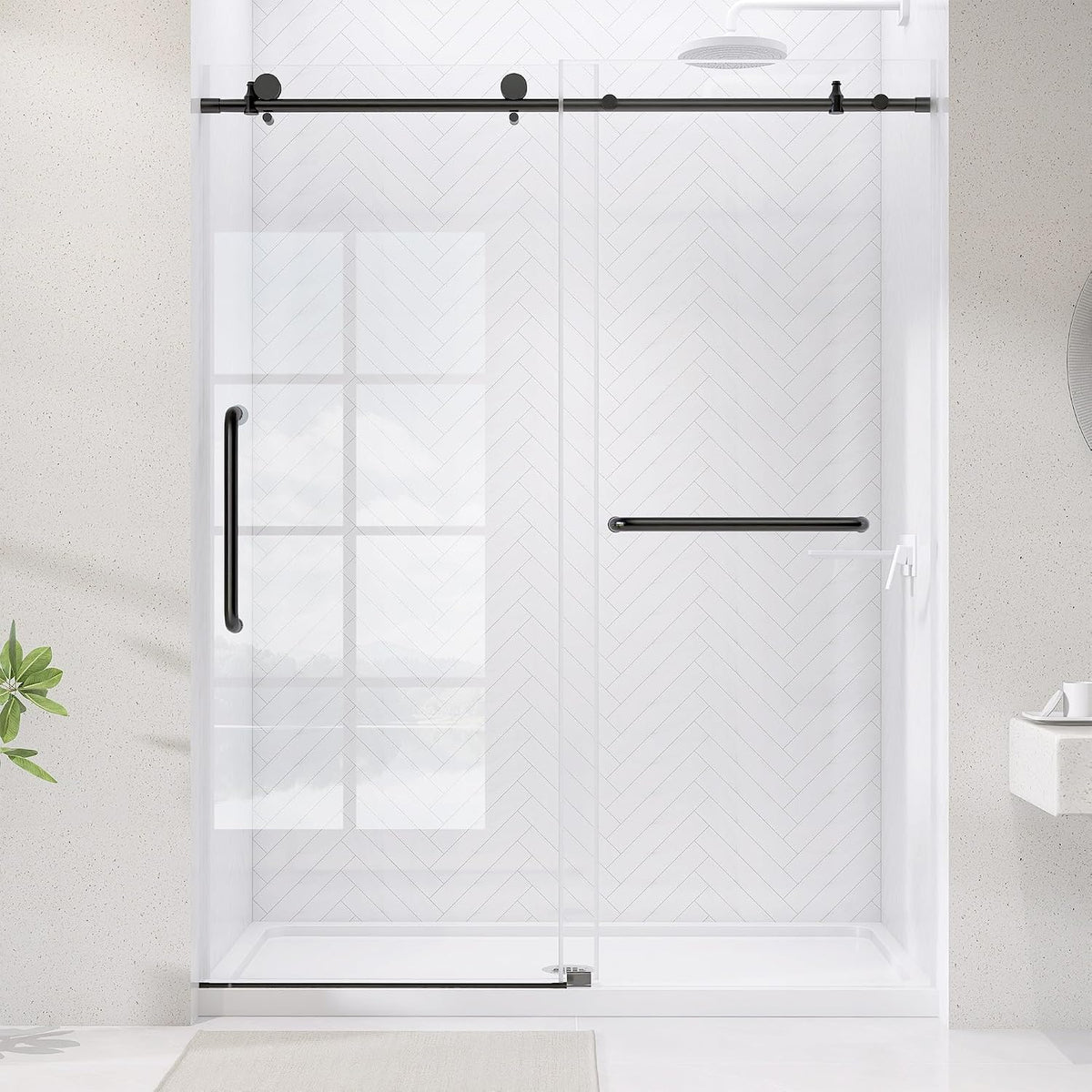 Frameless Shower Door Matte Black 56-60'' W x 75'' H Single Sliding Shower Glass Doors for Bathroom 1/4 inch Easy Clean Clear Glass Door for Walk-in Shower Low Threshold with Stainless Steel Hardware