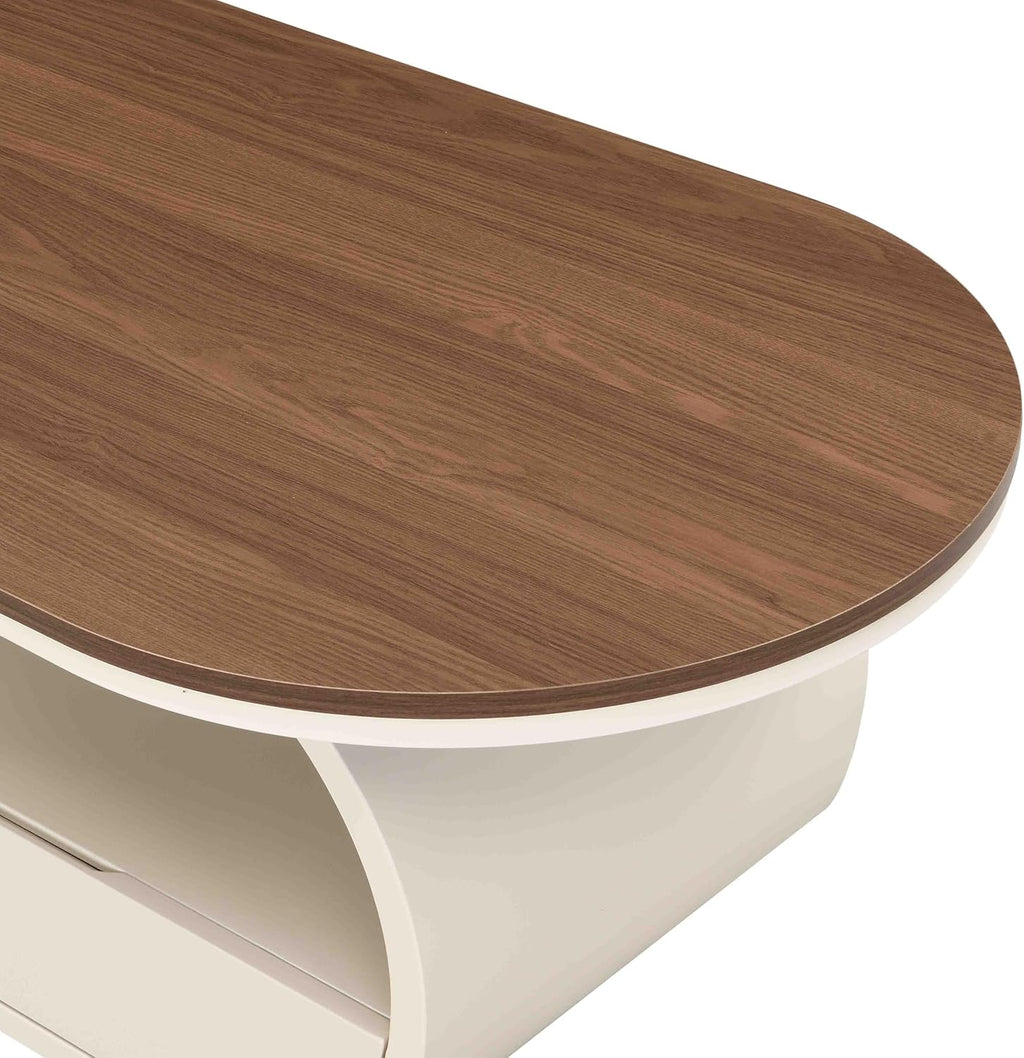 Coffee Table of 2,Oval Central Table with Wood/Marble Grain Top and Drawer,Modern Tea Table for Living Room Bedroom