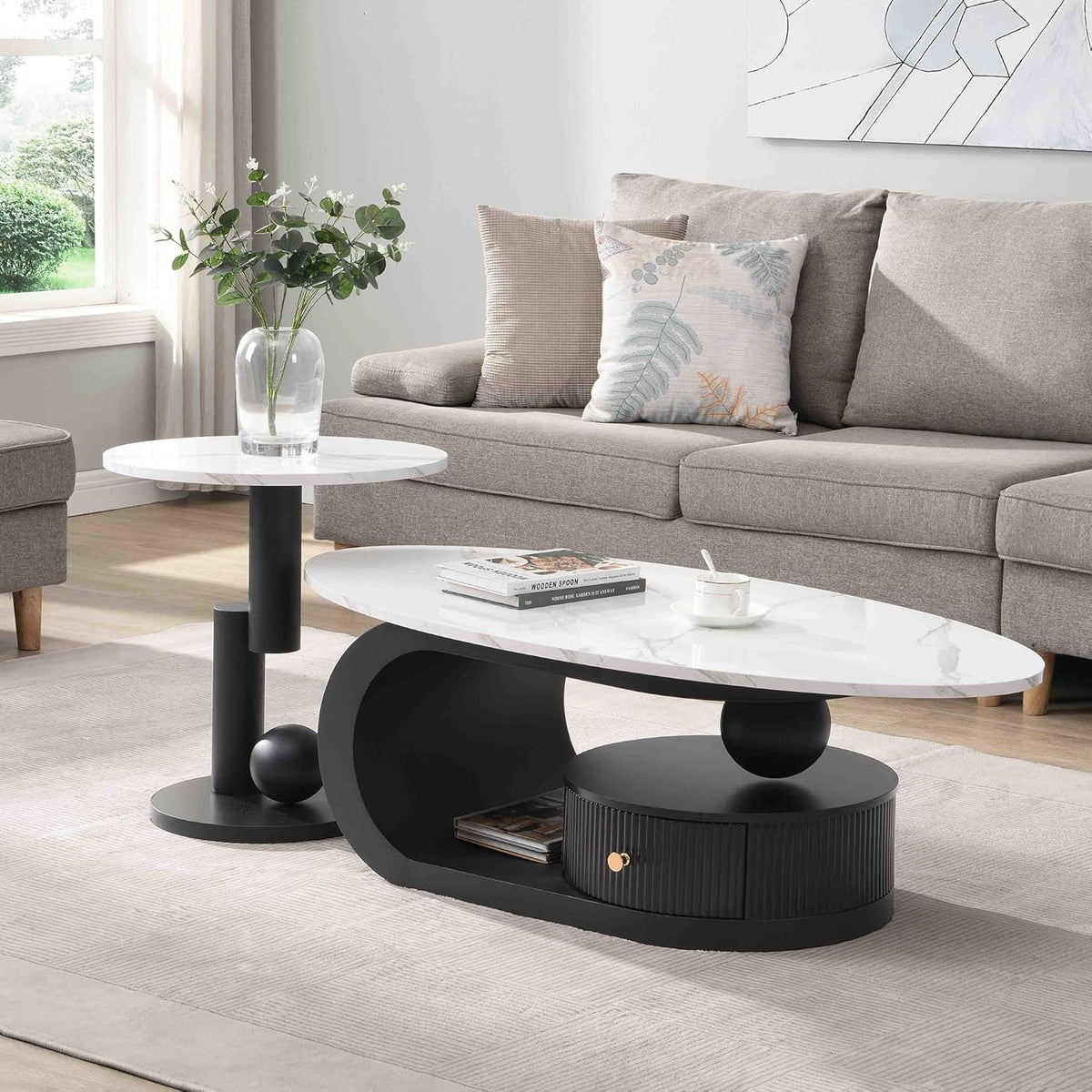 SSLine Luxury Nesting Coffee Table Set with Black Base Modern Faux Marble Living Room Table Set of 2 Include Oval Coffee Table with Drawer and End Table for Living Room Bedroom