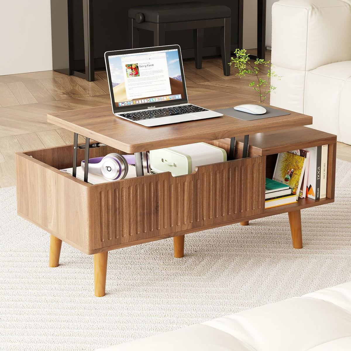 Lift Top Oval Coffee Table with Storage, 2-in-1 Height Adjustable Modern Coffee Table for Small Living Room & Apartment (Walnut)