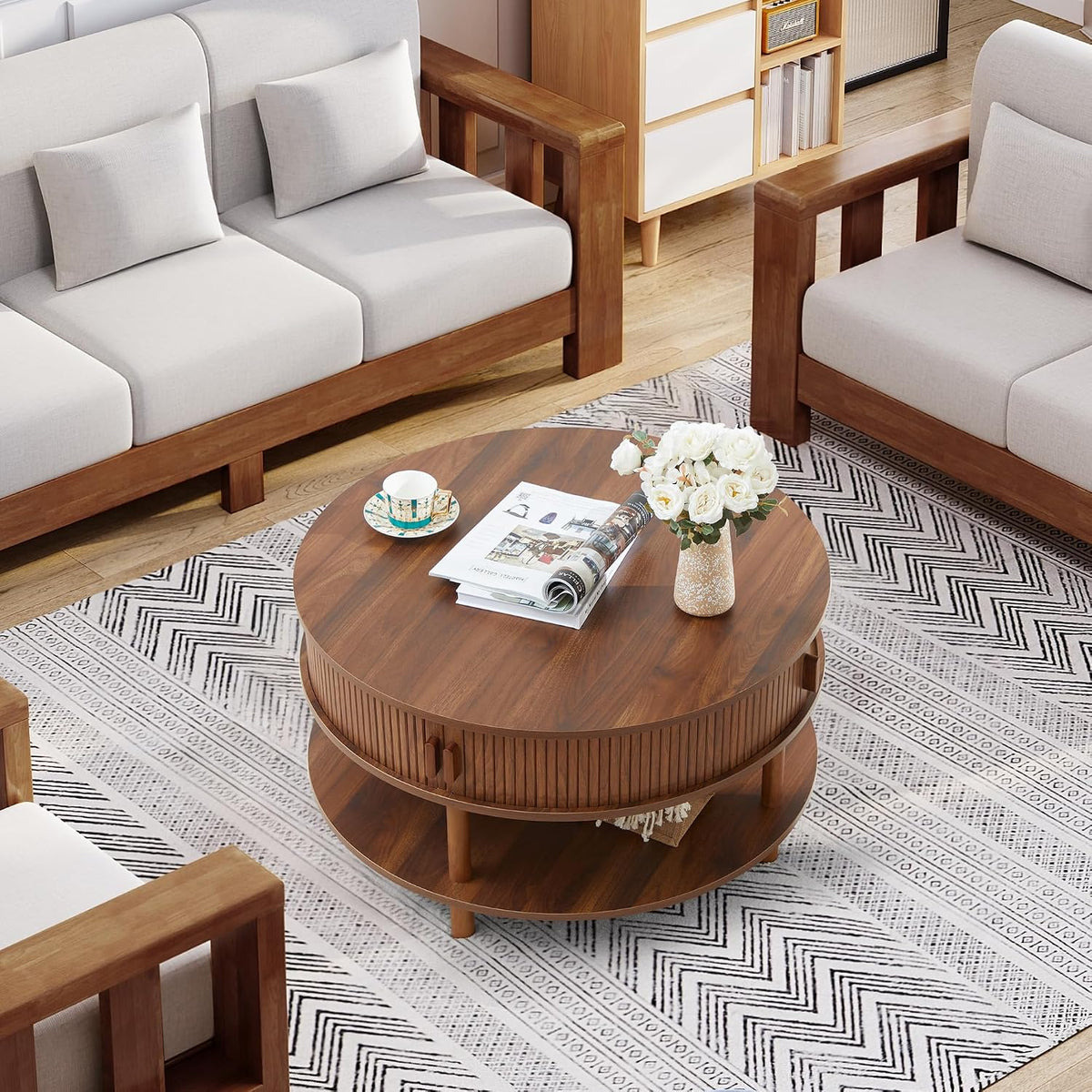 XUZENEST 31.5' Round Coffee Table with Storage, Mid Century Modern 2 Tier Coffee Table with Tambour Sliding Door, Solid Wood Legs Fluted Center Table for Living Room Home Office Small Space, Walnut