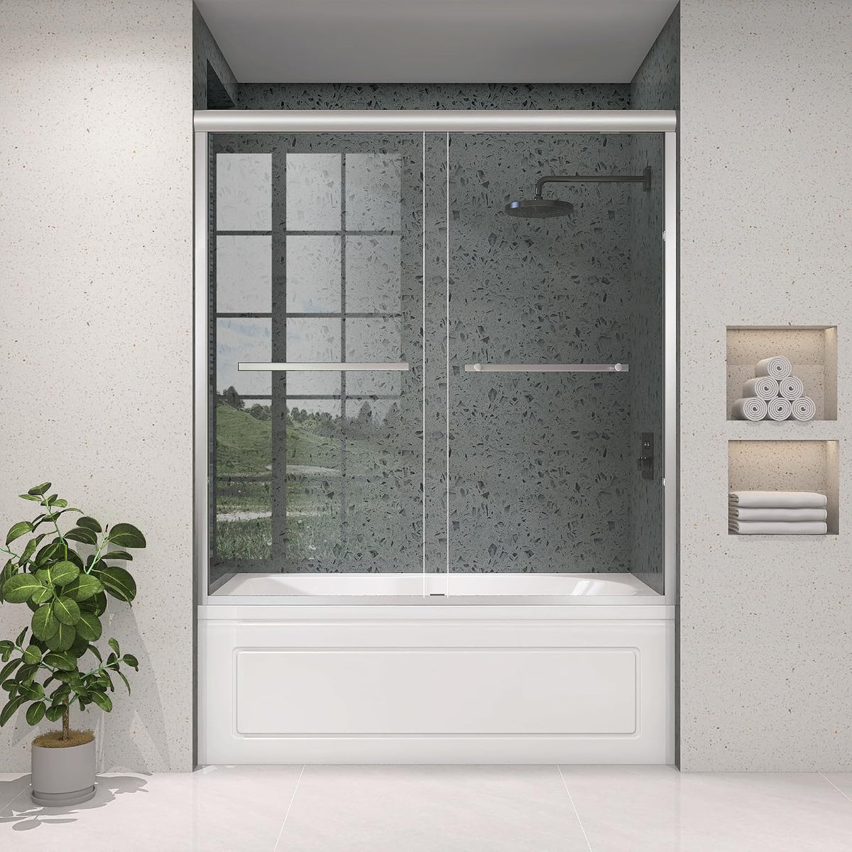 Tub Shower Door 56-60 in. W x 62 in. H Double Sliding Semi-Frameless Bathroom Bathtub Doors 1/4 inch Clear Tempered Glass Tub Door for Walk-in Shower Brushed Nickel Harewares