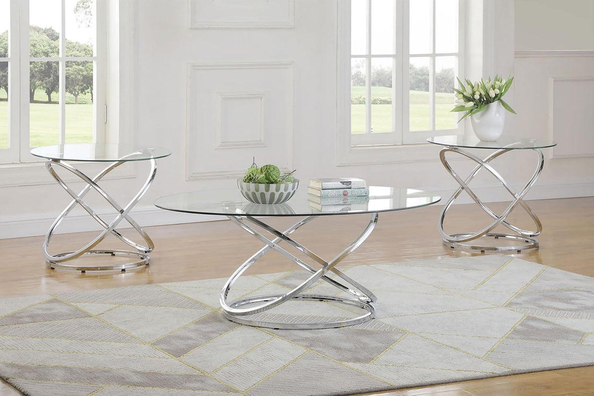 Coaster Home Furnishings - Warren - 3-Piece Coffee Table Set with Clear Glass Oval Tops, Metal Frame with Intertwined Ring Design - Living Room - Chrome - 722373