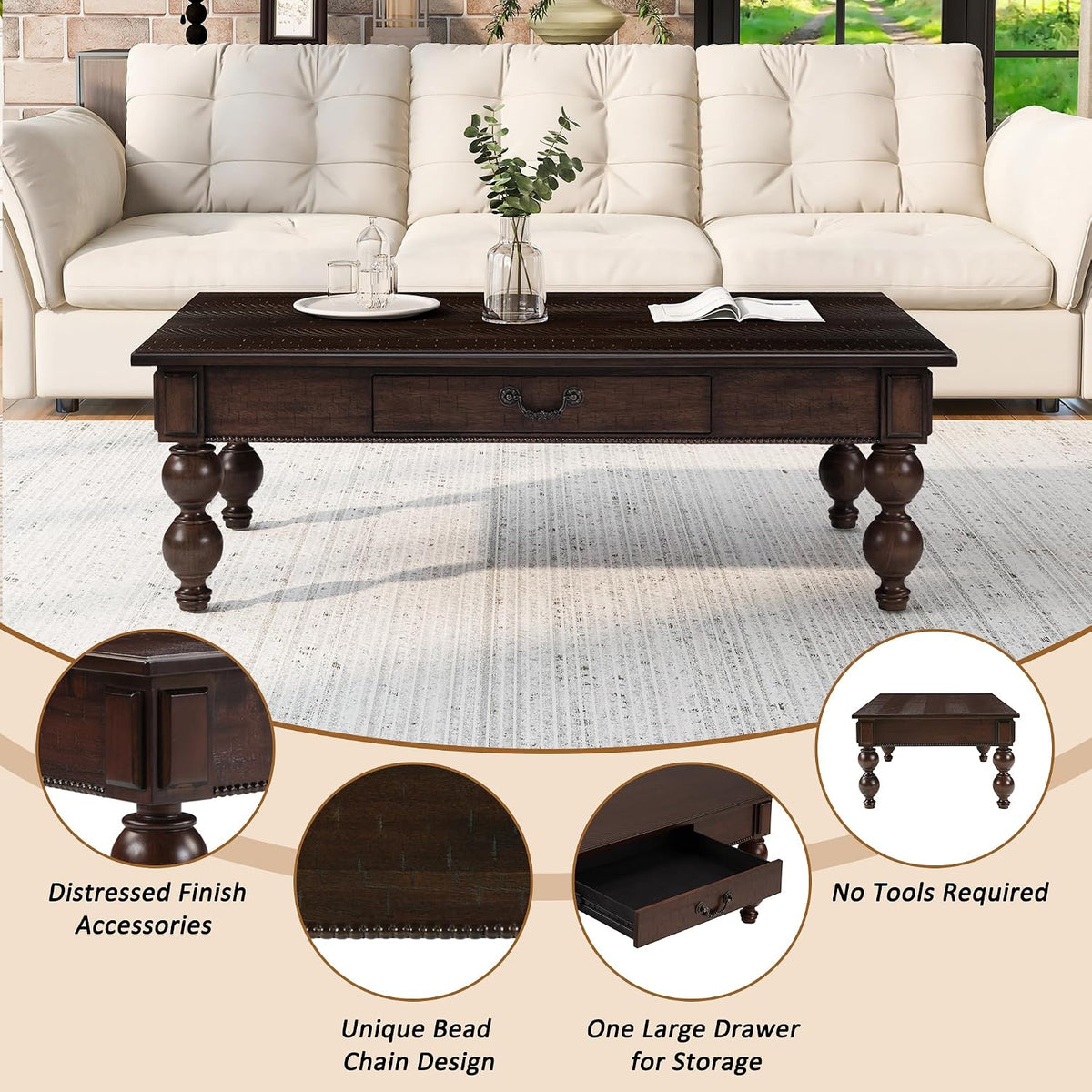 Rectangular Wooden Coffee Table with Storage Drawer, Vintage Cocktail Table with Solid Wood Gourd-Shaped Legs for Living Room
