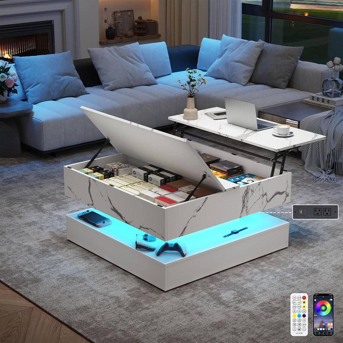 35.4' Large Square Coffee Table with Lifting top,Charging Station,Modern 2-Tier Square Center Table w/Hidden Compartment Storage,Tea Table with Wood Grain for Living Room, Office,White Marble
