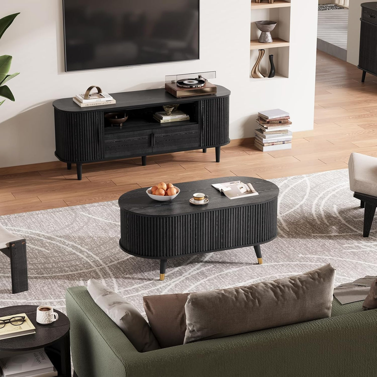 Jiansu furni Lift Top Coffee Table with Storage,42.5' Oval Coffee Table with Hidden Compartment & Solid Wood Legs,Modern Fluted Center Table for Living Room,Home Office,Black
