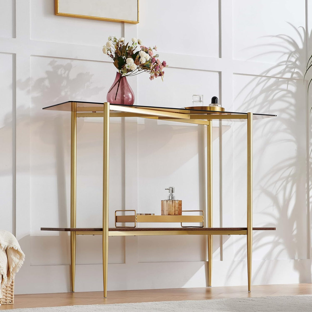 Rectangle Glass Console Table, Mid-Century Modern Design, L41*W14*H32 inch, for Living Room, Amber Glass Top and Walnut Finish Wood Shelf, Conical Metal Legs with Gold Finish