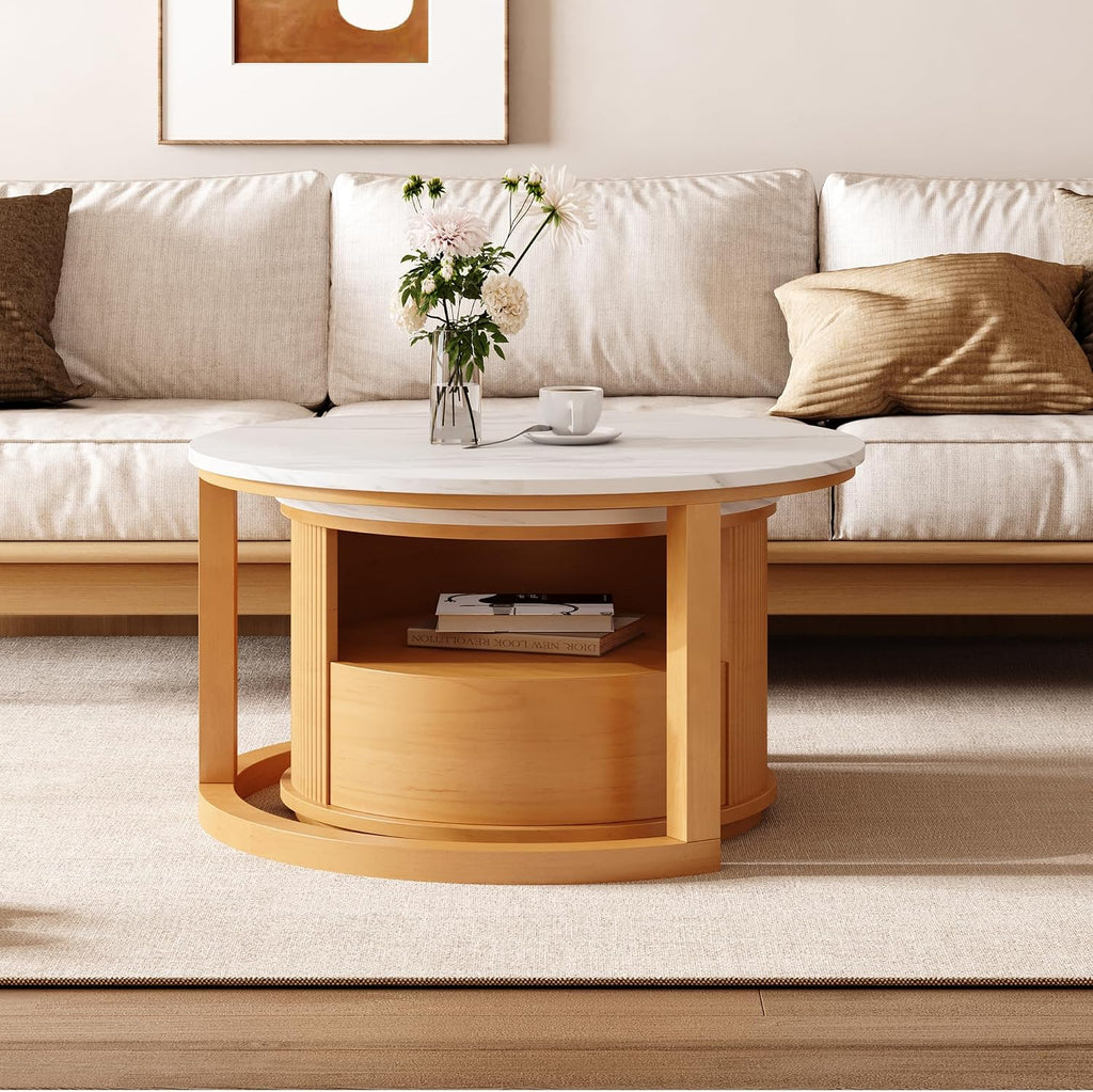 28.5' Natural Nesting Coffee Table Set of 2, Vintage Round Coffee Table for Living Room with 2-Tier Storage and 1 Drawer White Marble Top End Side Table for Bedroom