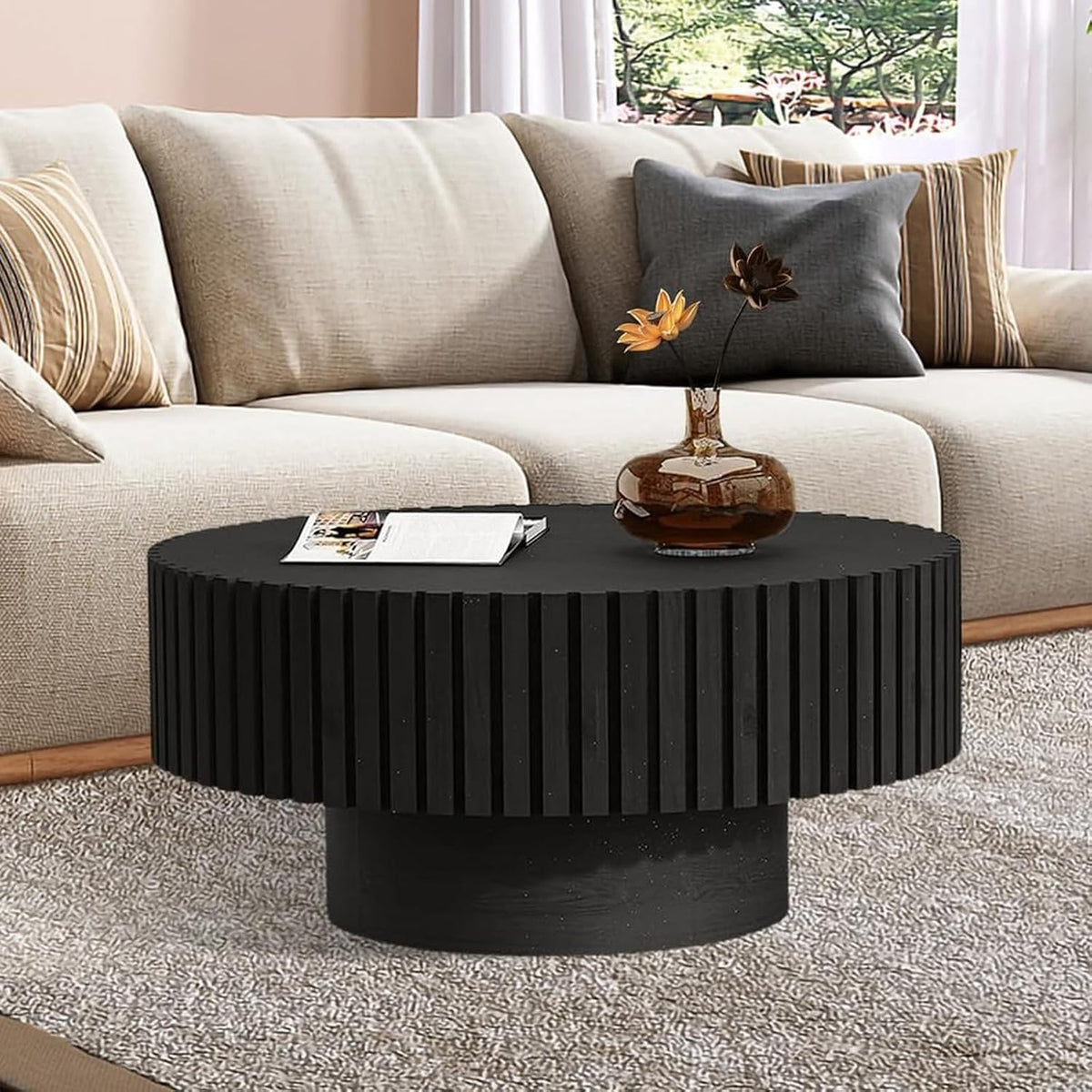 31.5' Round Drum Fluted Coffee Table for Living Room Modern Circle Coffee Table with Pedestal Center Tables Fluted Accent Tea Tables for Apartment Living Room (G)