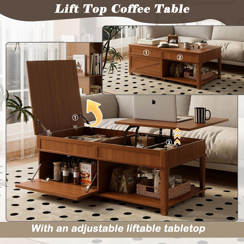 Mid Century Modern Farmhouse Lift Top Coffee Table,Rectangular Storage Coffee Tables with Lifting Top,Hidden Compartment,Open Shelf & Adjustable Desktop,Walnut Wood Coffees Table for Living Room