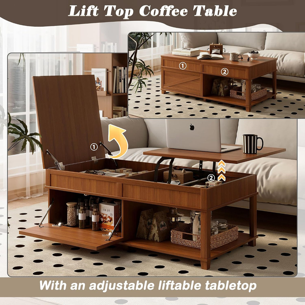 Mid Century Modern Farmhouse Lift Top Coffee Table,Rectangular Storage Coffee Tables with Lifting Top,Hidden Compartment,Open Shelf & Adjustable Desktop,Walnut Wood Coffees Table for Living Room