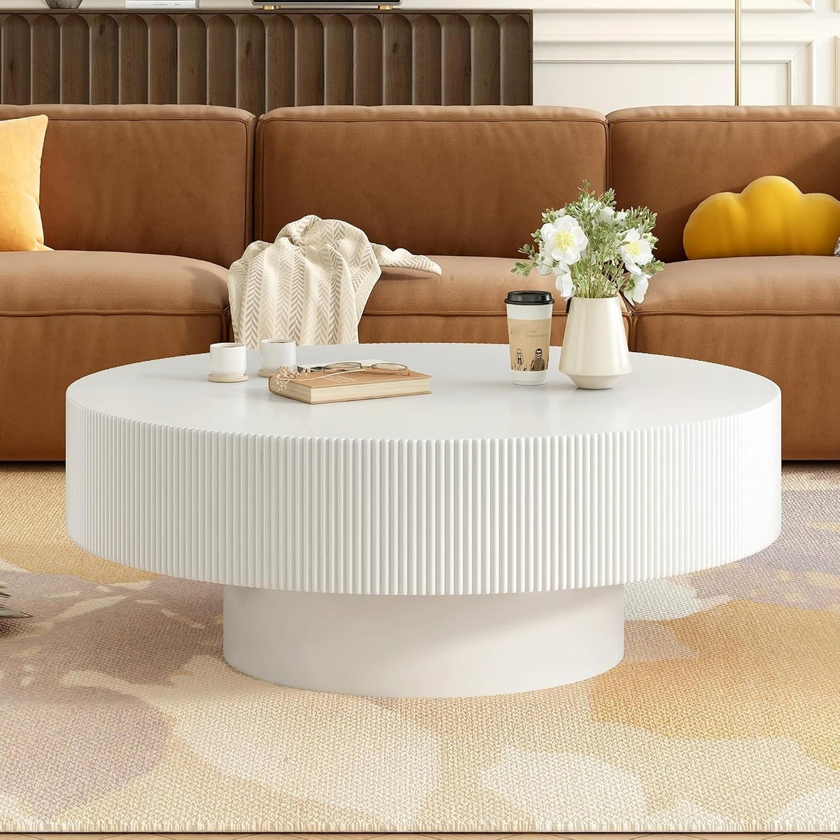 Round 31.5' Coffee Table with 6.8' Thick Tabletop,Modern Drum End Table,Minimalist Fluted Center Table with Sturdy Base for Living Room,Elegant Easy Assembly,White