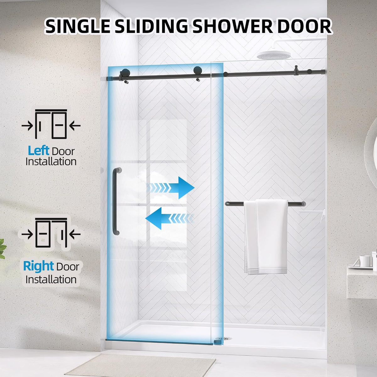 Frameless Shower Door Matte Black 56-60'' W x 75'' H Single Sliding Shower Glass Doors for Bathroom 1/4 inch Easy Clean Clear Glass Door for Walk-in Shower Low Threshold with Stainless Steel Hardware