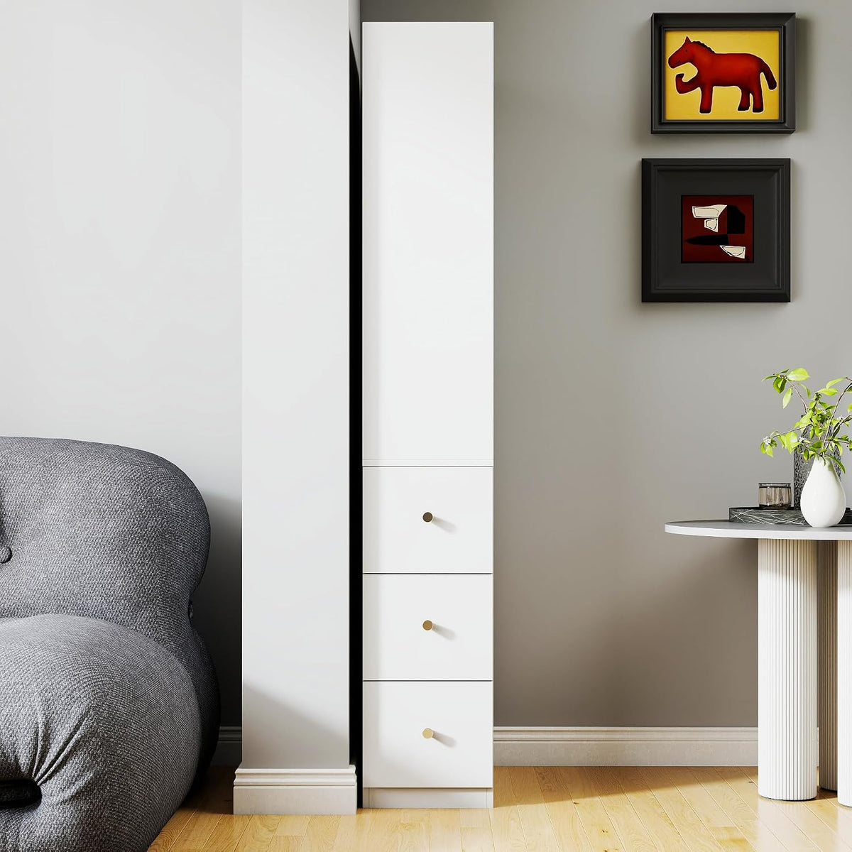 70.87' H Display Storage Cabinet, Narrow Wooden Corner Cabinet with 4-Tier Shelves and 3 Side Drawers, Tall Bookshelf and Bookcase for Living Room Home Office, White