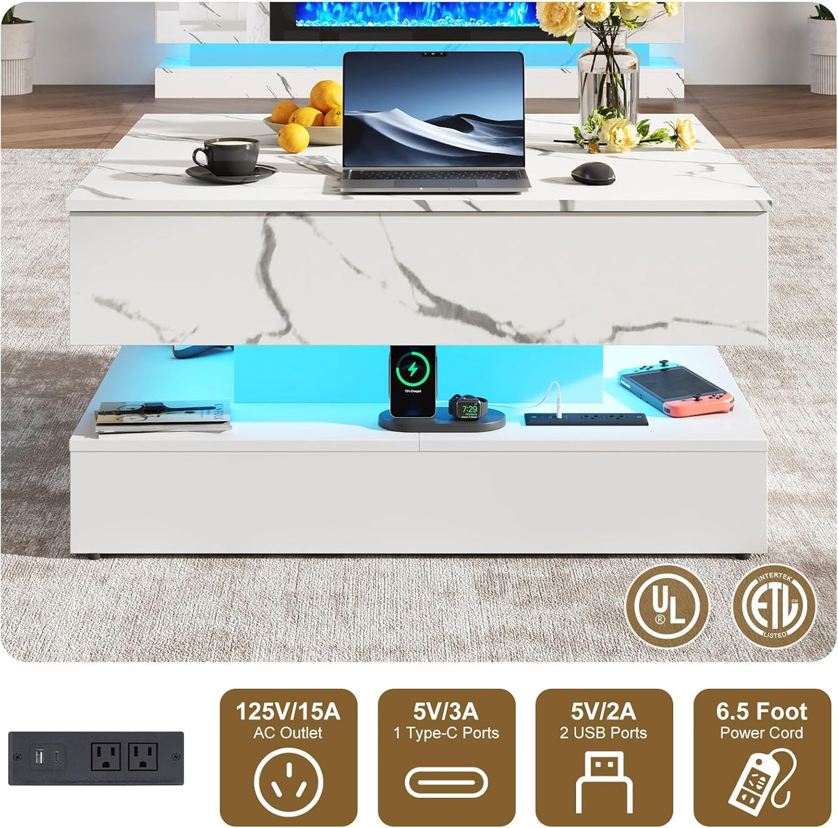 35.4' Large Square Coffee Table with Lifting top,Charging Station,Modern 2-Tier Square Center Table w/Hidden Compartment Storage,Tea Table with Wood Grain for Living Room, Office,White Marble