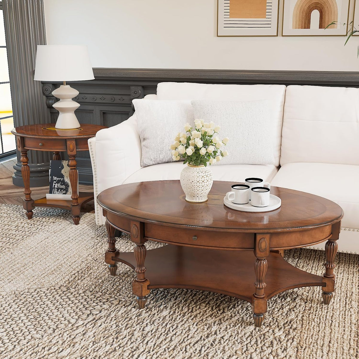 Large Oval Coffee Table with Drawer for Living Room, Solid Wood Cocktail Table with Open Storage Shelf, Mid-Century Modern Sofa Center Table, No-Tools Assembly,Beeswax KFZ1533MG