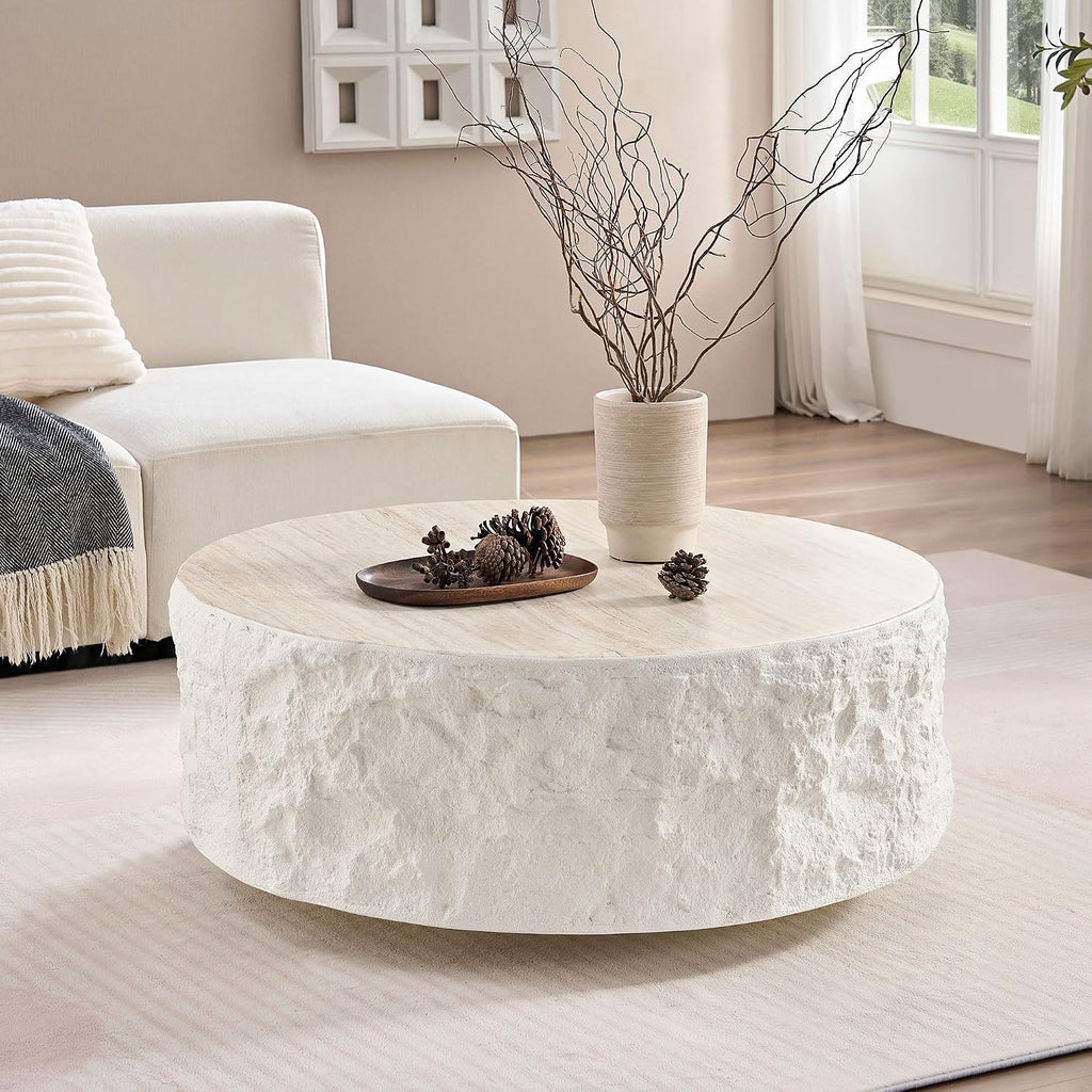KEVINSPACE Round Coffee Table Modern Stone Coffeetable for Living Room Concrete Beige Circle Coffee Tables Drum ShapedCoffeeTable Fiberglass CenterTable Office, Fully Assembled, 35.5' W x14 H