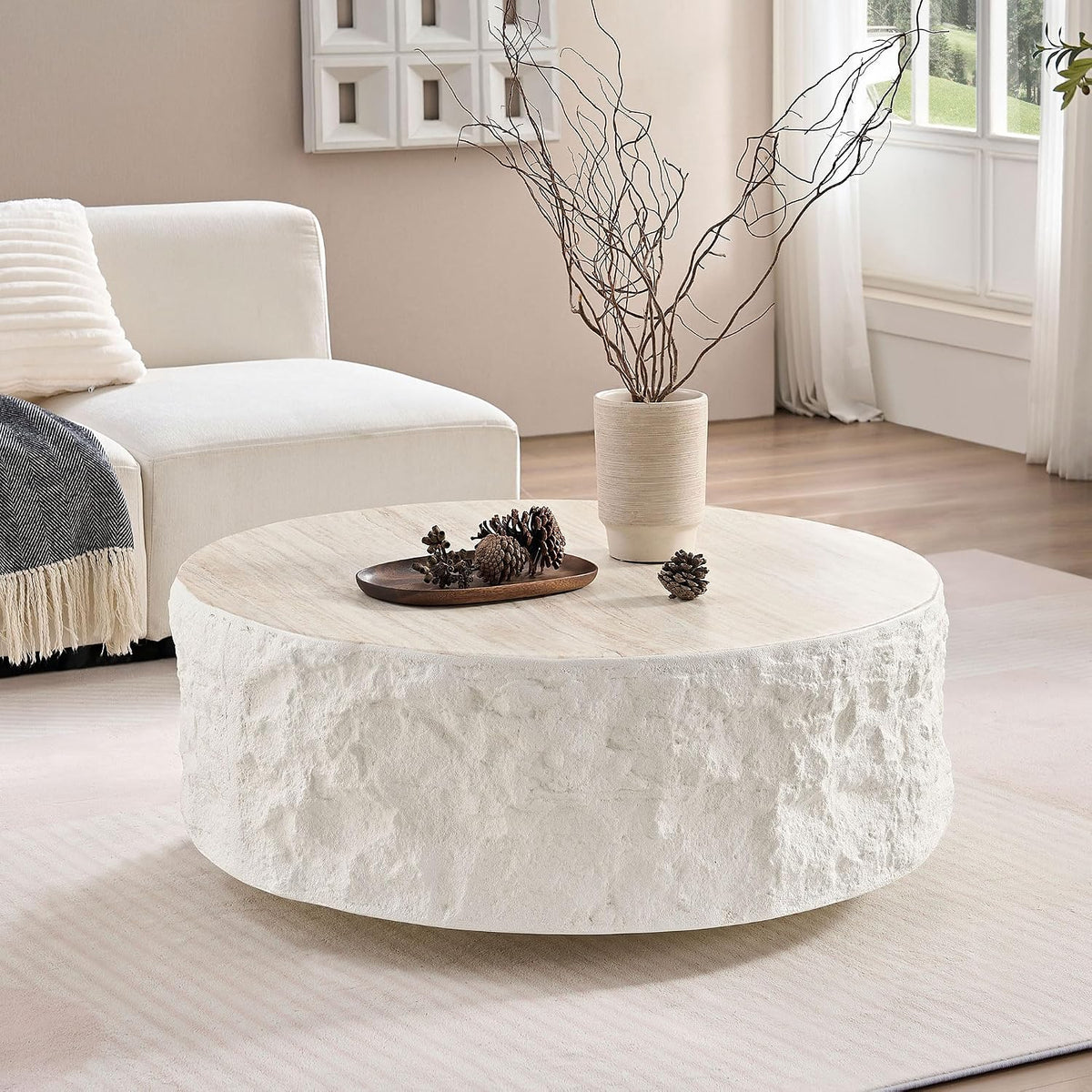 KEVINSPACE Round Coffee Table Modern Stone Coffeetable for Living Room Concrete Beige Circle Coffee Tables Drum ShapedCoffeeTable Fiberglass CenterTable Office, Fully Assembled, 35.5' W x14 H
