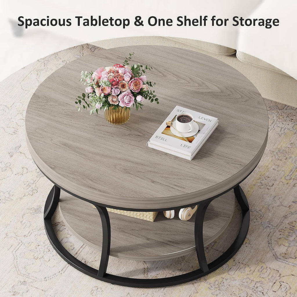 Round Coffee Table for Living Room, 2-Tier Circle Coffee Table with Storage, Accent Center Table Modern Design, Gray Brown and Black