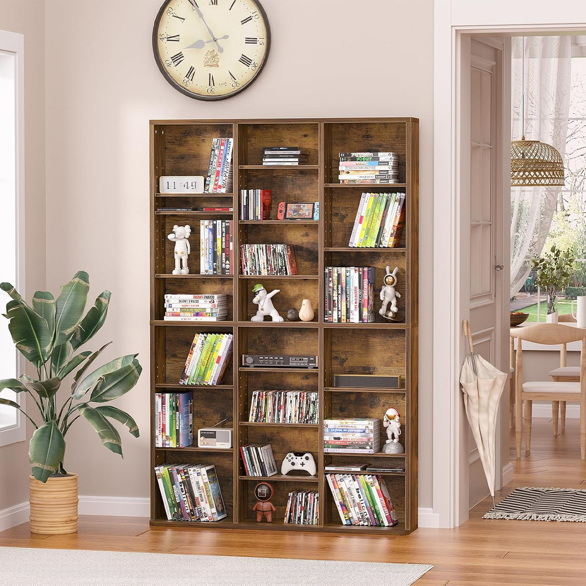 LELELINKY 8 Tier Tall Display Cabinet, Brown Media Storage Cabinet with Adjustable Shelves, Free Standing DVD Organizer Shelf, Floor Multimedia Storage Manga Bookshelf for Living Room & Home Office.