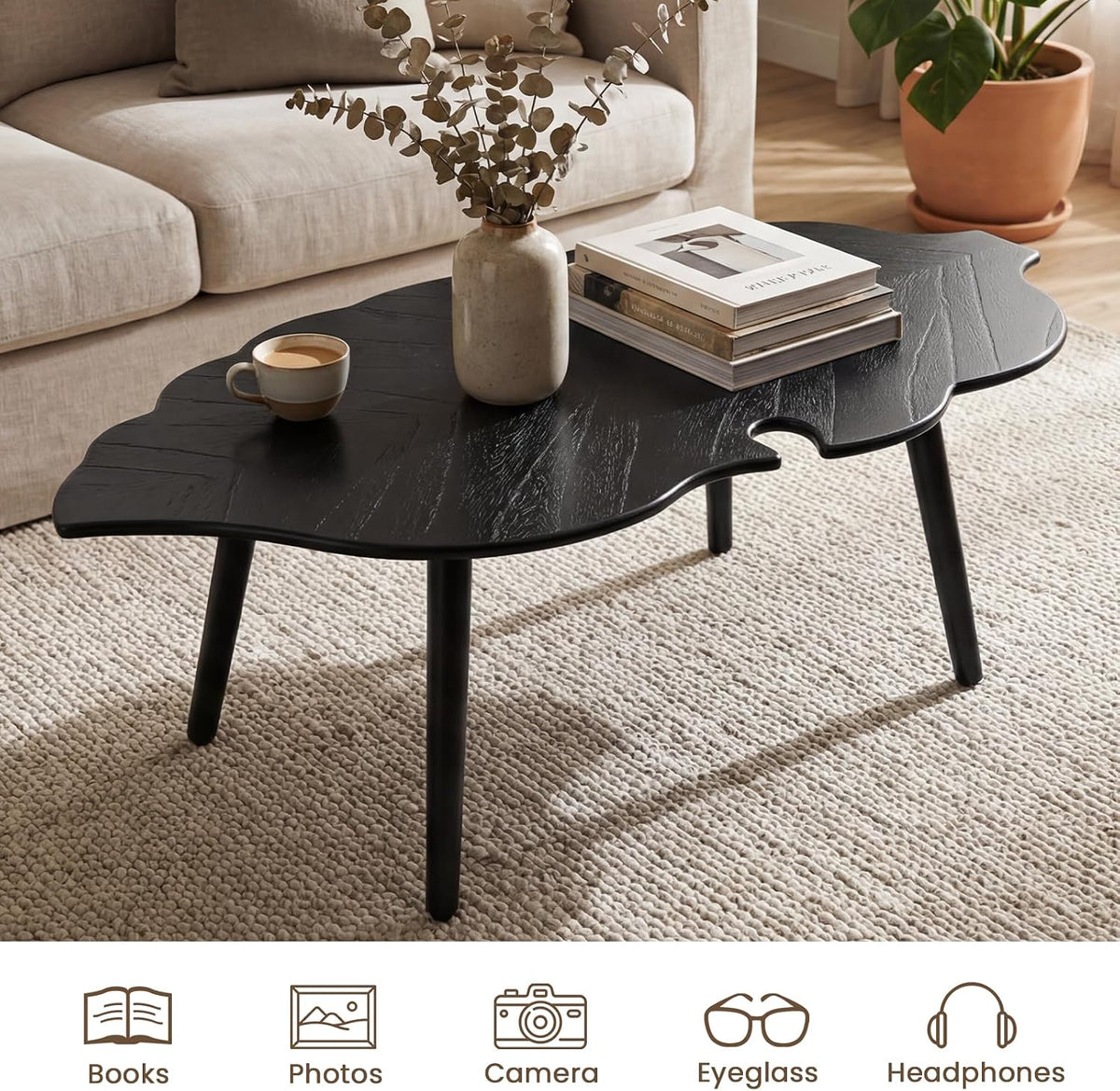 DUOMAY Mid-Century Modern Leaf-Shaped Coffee Table Solid Wood Coffee Table for Living Room Wooden Center Table with Black Finish & Carved Design Contemporary Light Table for Small Space Apartment