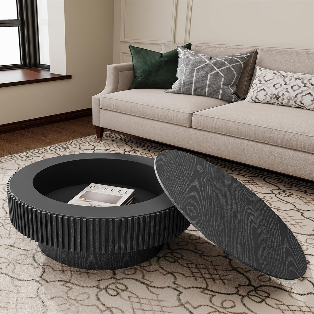 31.5' Round Wood Coffee Table, Modern Coffee Table with Storage,Solid Wood Drum Coffee Table Circle Fluted Coffee Table Accent Side Table for Apartment,Office, Easy Assembly,Black