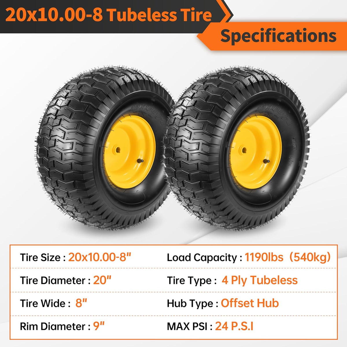 2 PCS 20x10.00-8 Tubeless Lawn Mower Tire and Wheel, 3/4' Borehole, 3/16' Keyway, 3.5' Offset Hub, 10' wide tires, 4 Ply, Replacement for 20x10-8 Tire Riding Lawn Mower Tractor Rear Tire and Wheel