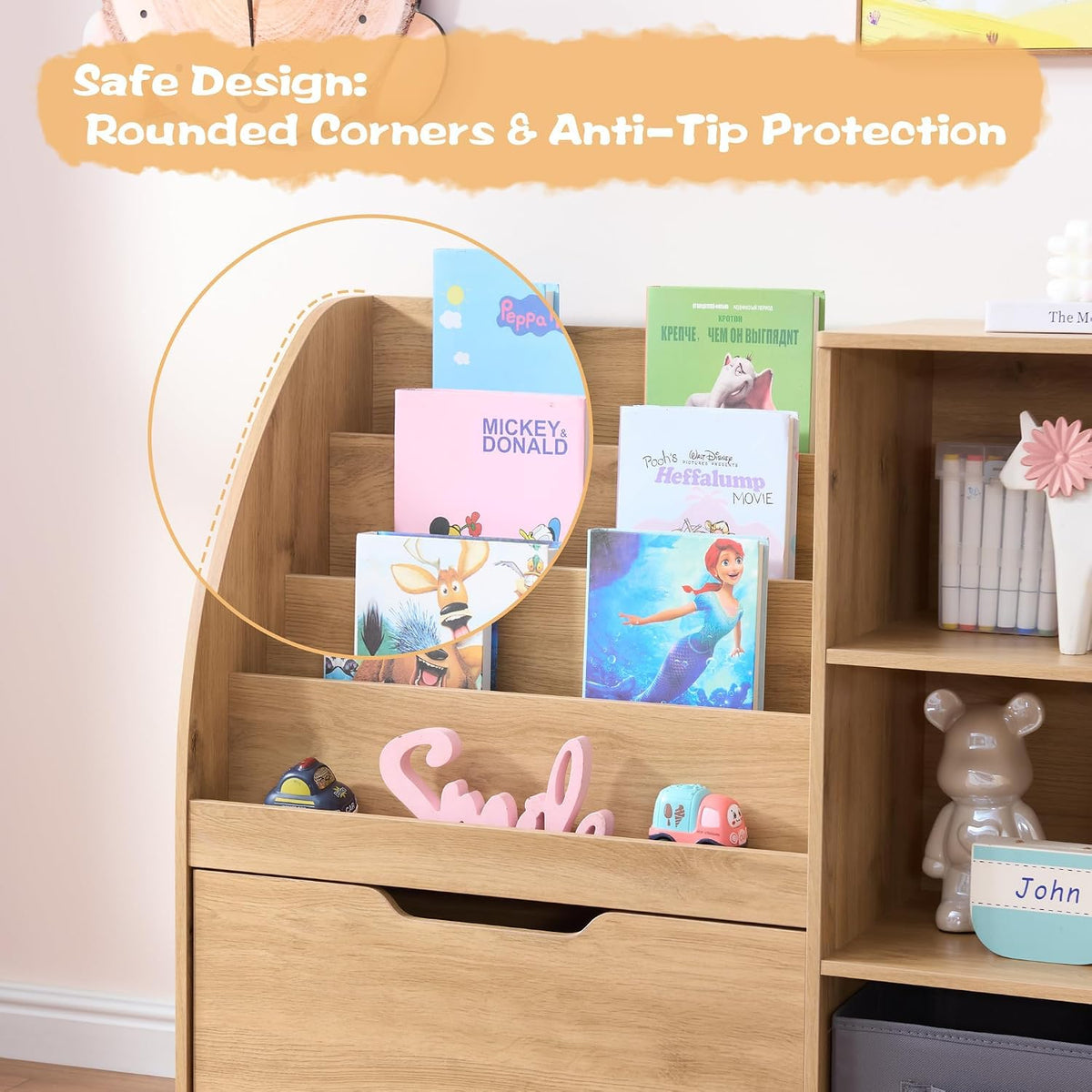 Fatmok 2 Pack Kids Bookcase, 58.5 Inch Wooden Storage Organizer with Reading Nook, Front Facing Book Rack, 5 Cubbies & Detachable Toy Bins, Storage Cabinet for Playroom, Nursery, Kids Bedroom