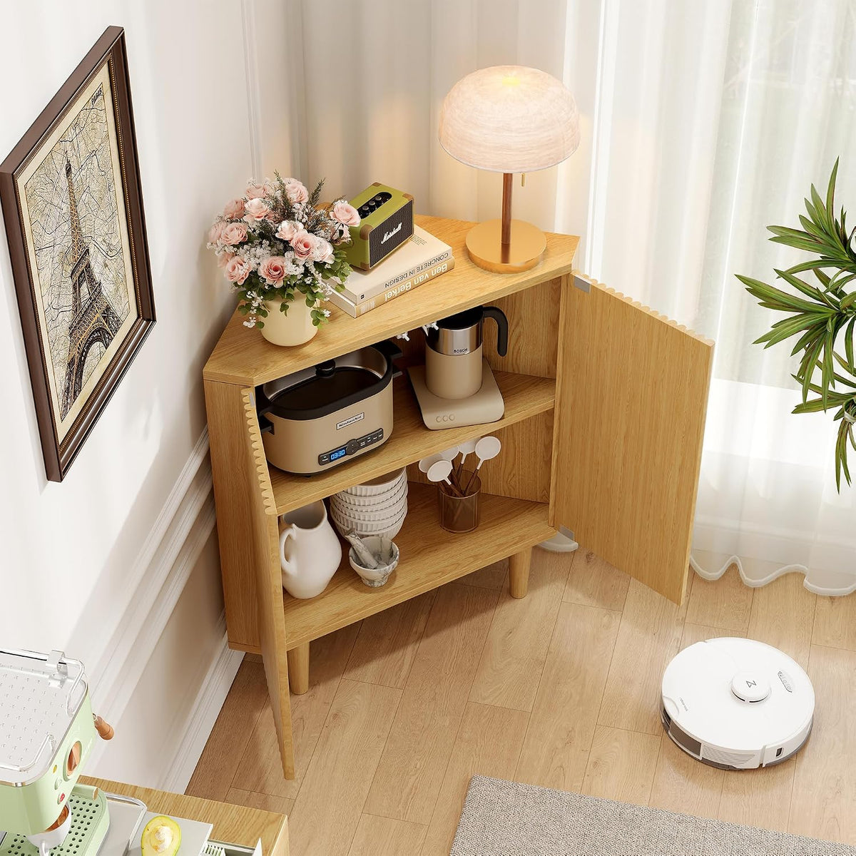 Fluted Floor Corner Kitchen Cabinet, Wooden Freestanding Cabinets Organizer with Door, Side Storage Organizer for Living Room, Dining Room, Bathroom Natural