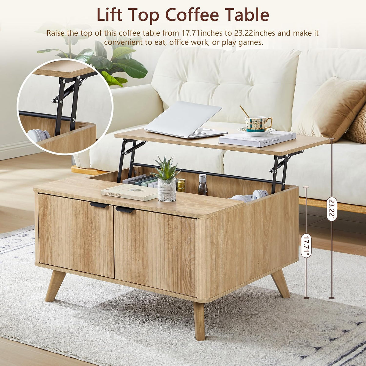 Fluted Lift Top Coffee Table with Large Hidden Compartment, 31.5' Wooden Center Table with Storage, Mid Century Modern Lift Tabletop Coffee Tables for Living Room Home Office, Natural