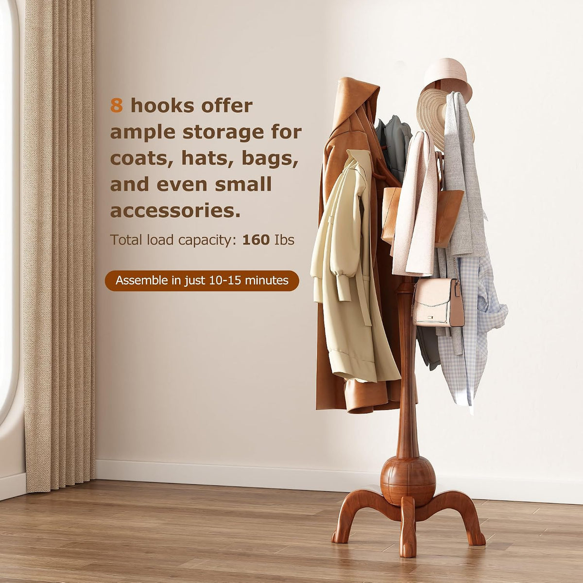 Wood Freestanding Coat Rack with 8 Hooks Wooden Hat Coat Tree Standing Clothes Hanger with Sturdy Sphere Base and Tree Branch Hooks 160lb Load Capacity for Entryway Hallway Bedroom, Walnut