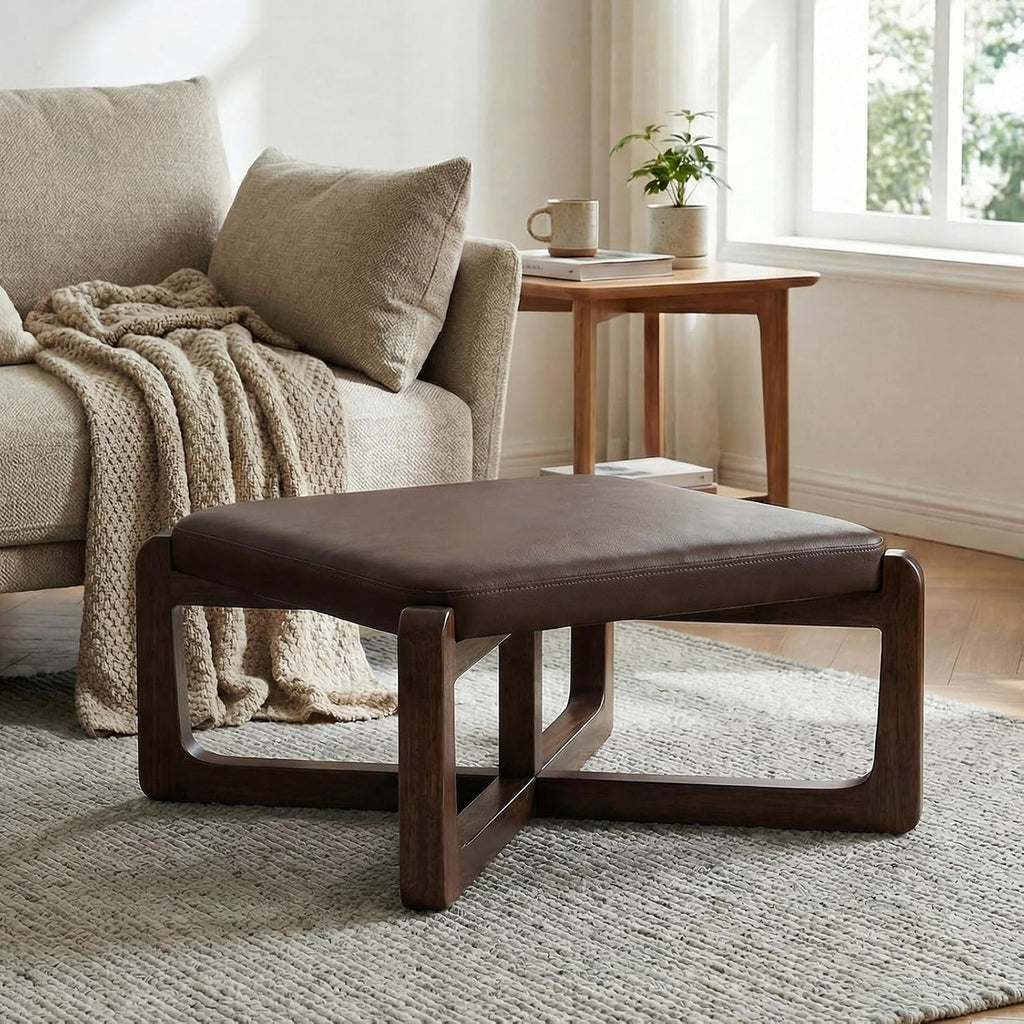 Faux Leather Square Coffee Table Ottoman,24' Coffee Table for Living Room Ottoman,Ash Wood Living Room Table,Small Footstool (Dark Brown)