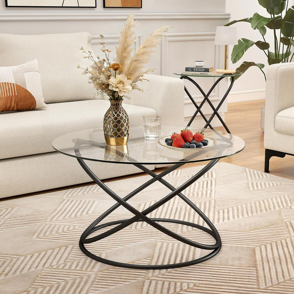 BECHAEO Round Glass End Table Set of 2, 19.7'' Modern Side Table with Tempered Glass Tabletop, Unique Ring-Shaped Frame End Table for Living Room Bedroom