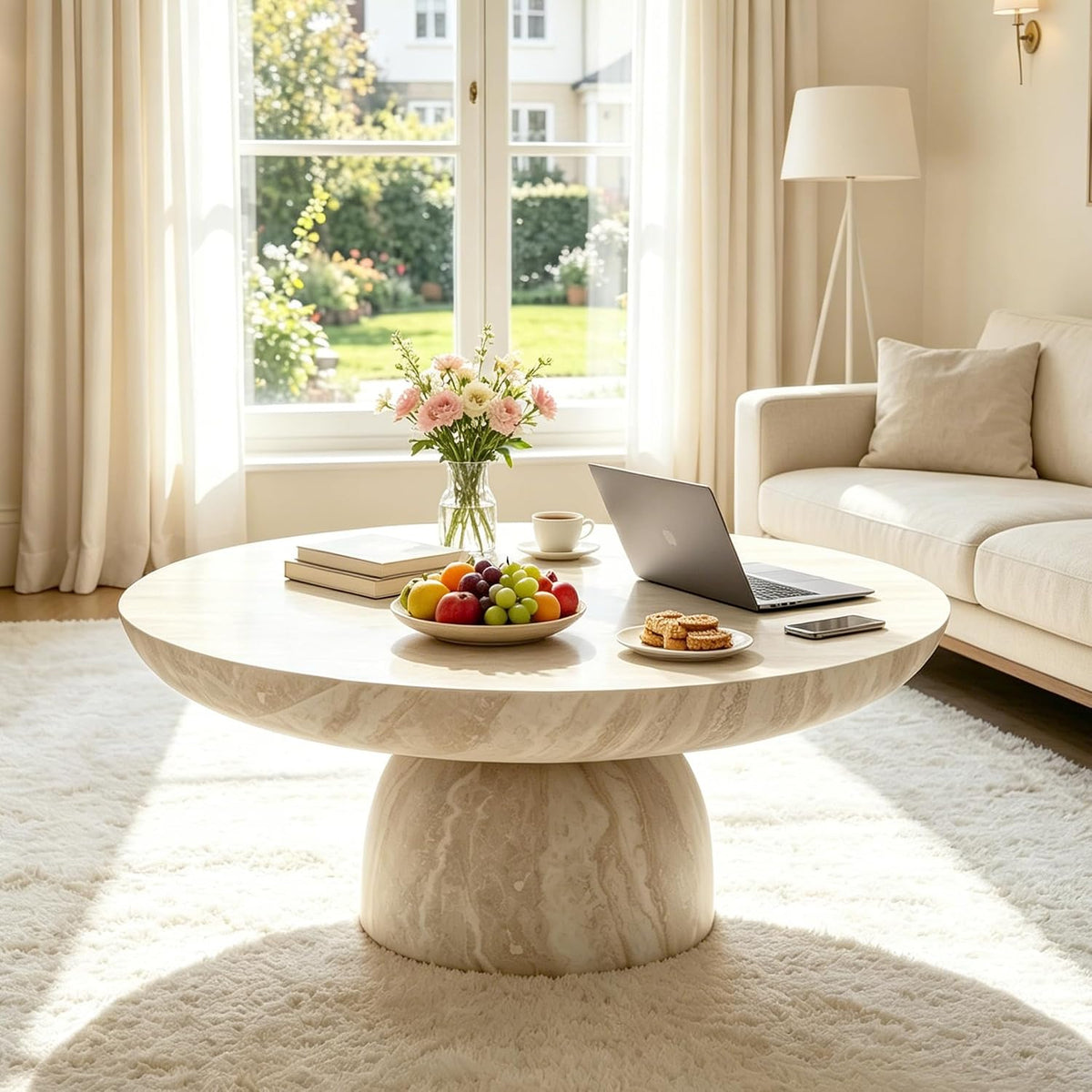 31.5' Round Coffee Table for Living Room, Modern Circle Faux Marble Table with Pedestal‌ Base, Drum Center Table, Living Room Furniture for Apartment, Small Space（Mars,31.49'）