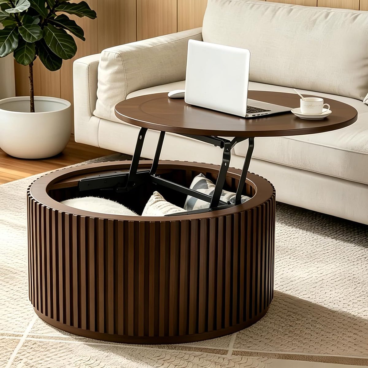 Round Lift Top Coffee Table with Storage, Wood Circle Center Table No Assembly Required with Large Hidden Compartment, Modern Drum Coffee Table for Living Room, Office (31'x31'x16')