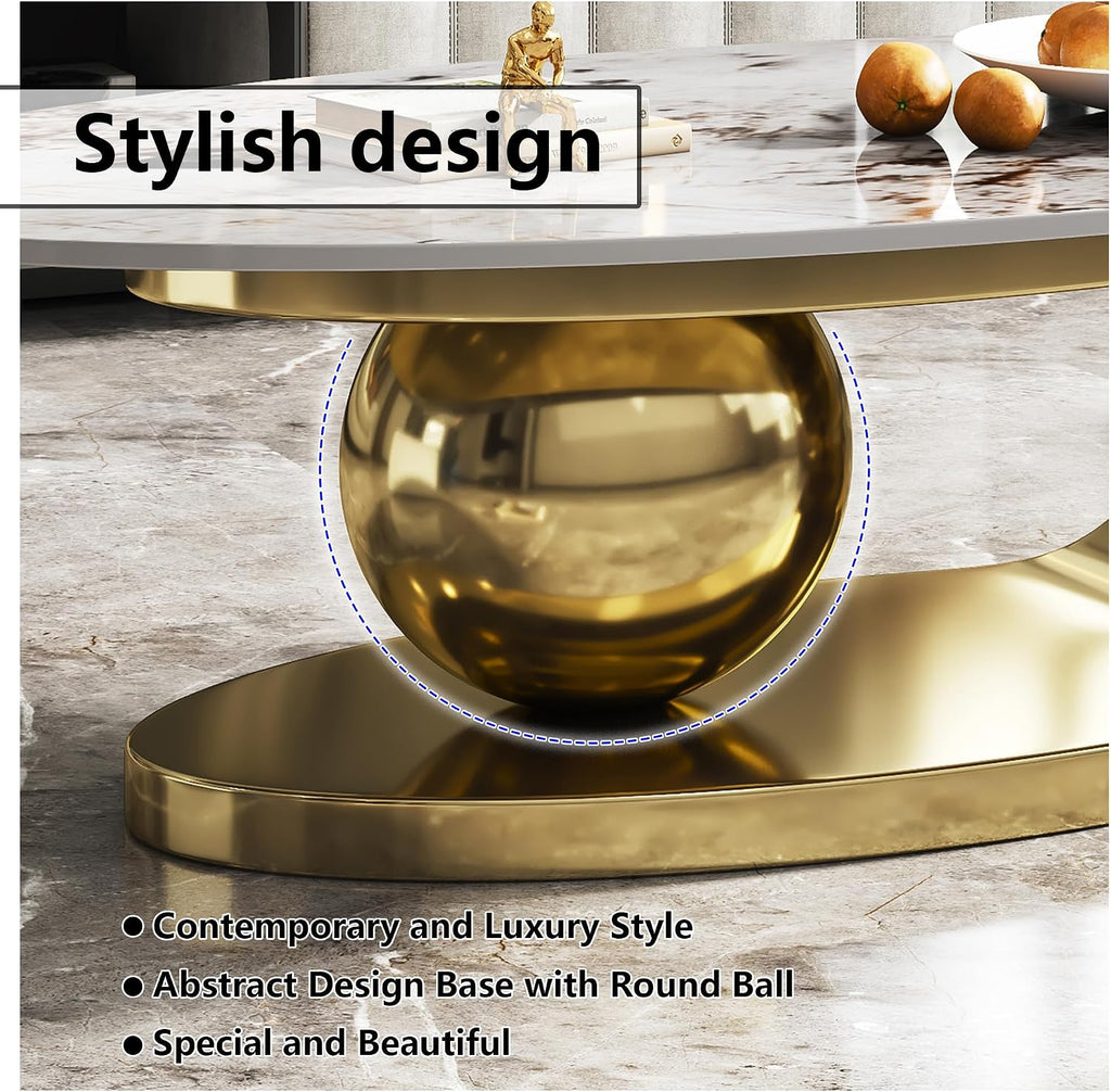 Modern Coffee Table Marble Top,Oval Coffee Table for Living Room,White Center Table with Stainless Steel Base Gold Base for Home,Office