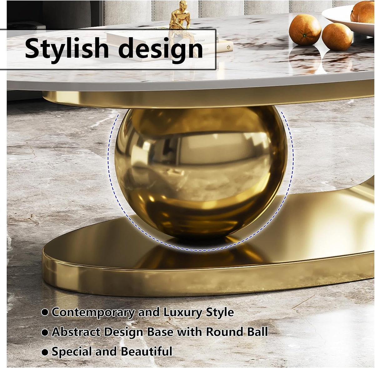 Modern Coffee Table Marble Top,Oval Coffee Table for Living Room,White Center Table with Stainless Steel Base Gold Base for Home,Office