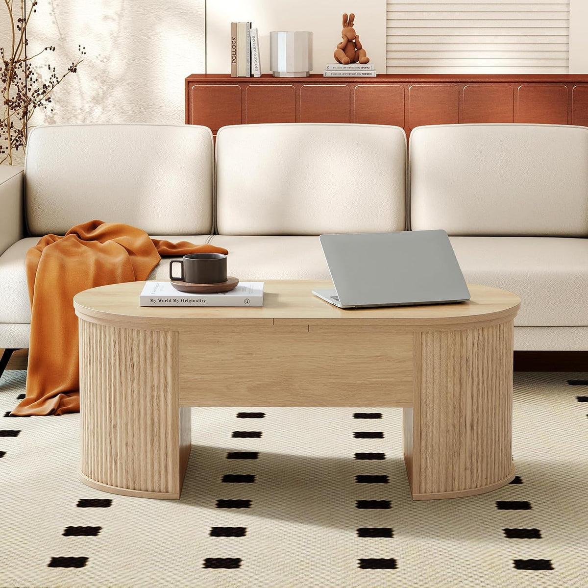 ORRD Lift Top Coffee Table, Fluted Coffee Table with Lifting Top, Wooden Lift Up Dining Table with Hidden Compartment, Center Table for Living Room, Office - Oak
