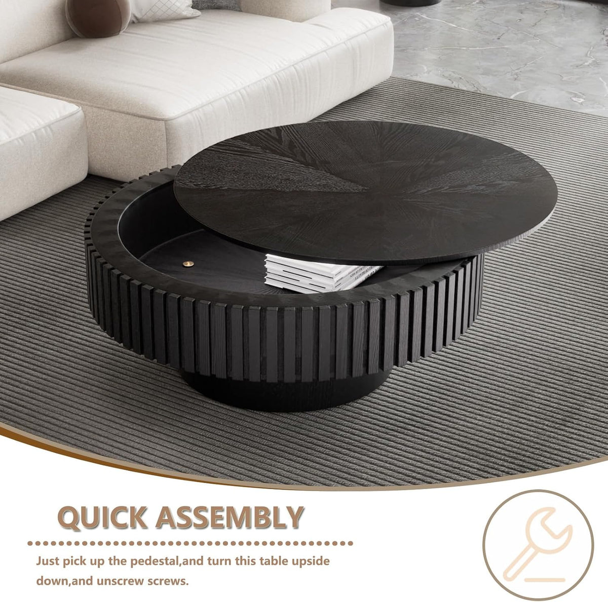 Round Handcraft Fluted Coffee Table with Sturdy Stable Pedestal Modern Luxury Drum Center Table Circle Accent Base Center Tables for Living Room Apartment (J)