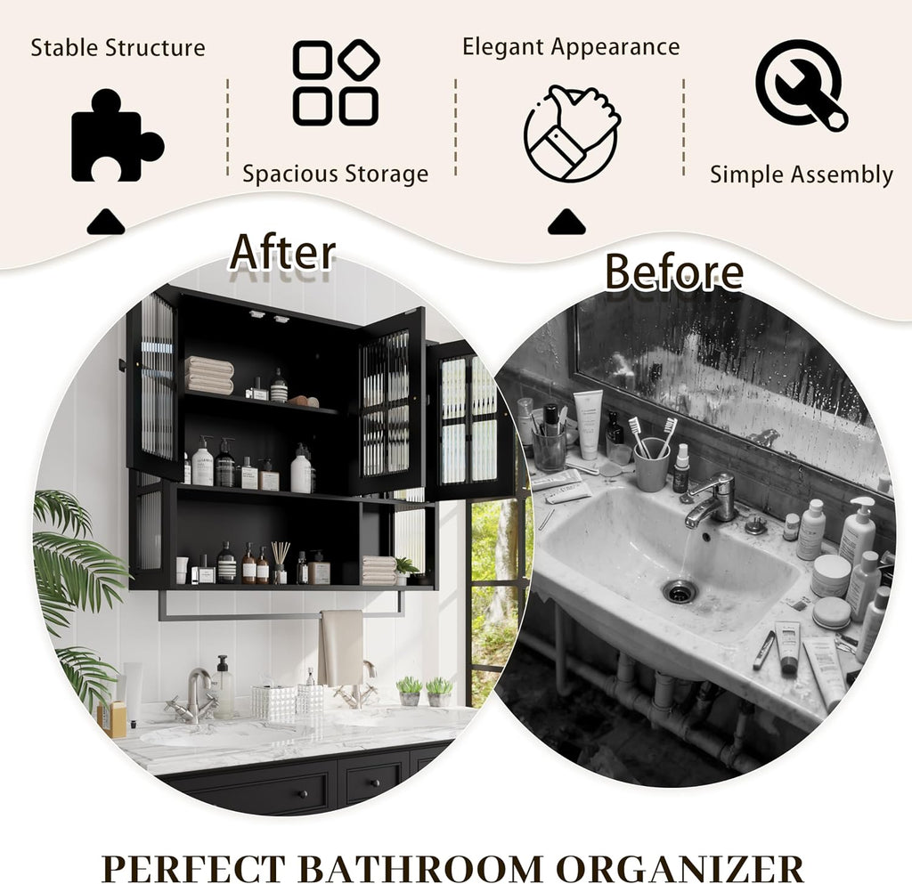 Bathroom Wall Cabinet Over The Toilet, 3 Door Wooden Medicine Cabinet with Open Shelf & Glass Door, Space Saving Storage Organizer with Towel Bar (Black)
