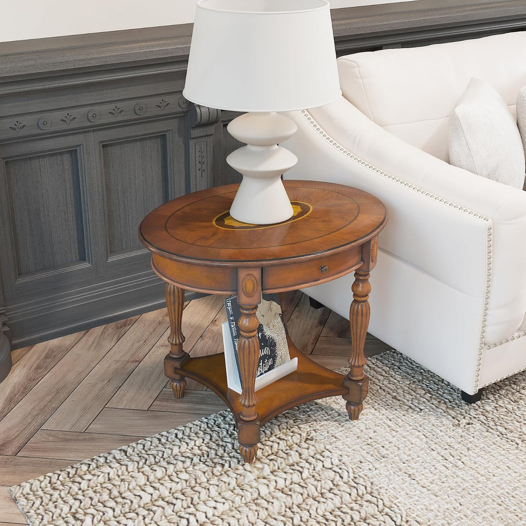 Large Oval End Table with Drawer, Sofa Side Table with Storage Shelf, Solid Wood Beside Table with Unique Floral Tabletop, Home Table for Living Room,Beeswax No-Tools Install CJZ1533MG