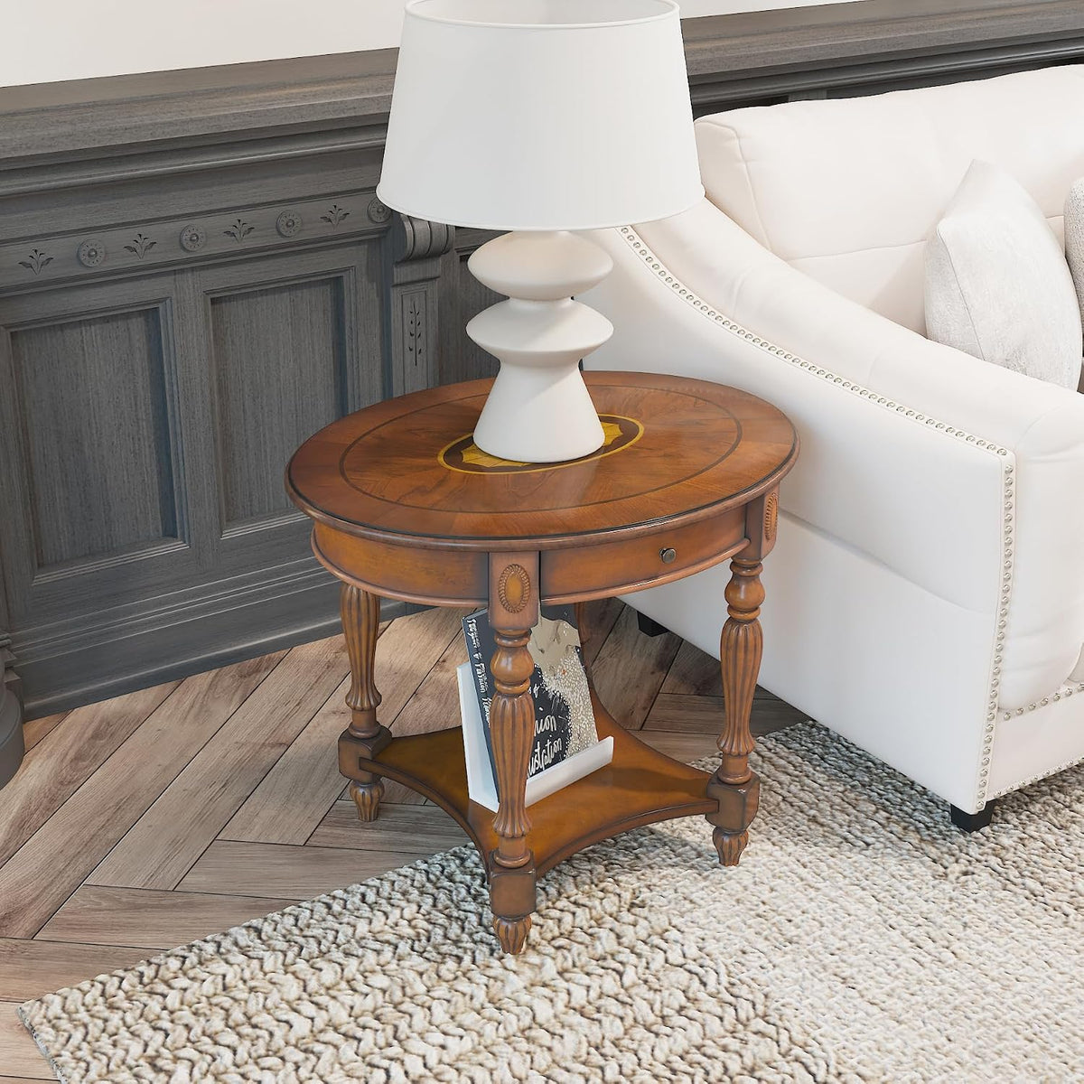 Large Oval End Table with Drawer, Sofa Side Table with Storage Shelf, Solid Wood Beside Table with Unique Floral Tabletop, Home Table for Living Room,Beeswax No-Tools Install CJZ1533MG