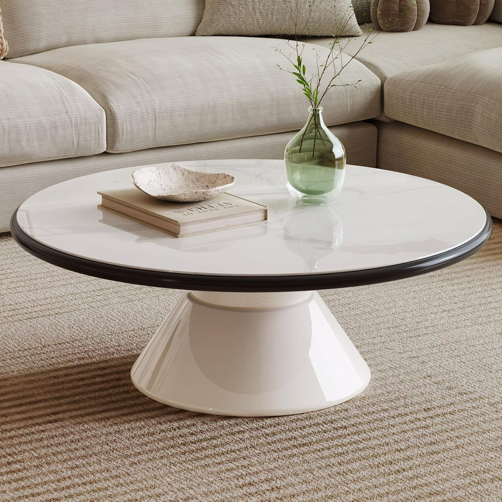 Round Faux Marble Look Coffee Table, White CenterTable with Stable Pedestal, Modern Tempered Glass Designed White Marble Dining Table for Kitchen,Living Room,Apartment,Restaurant
