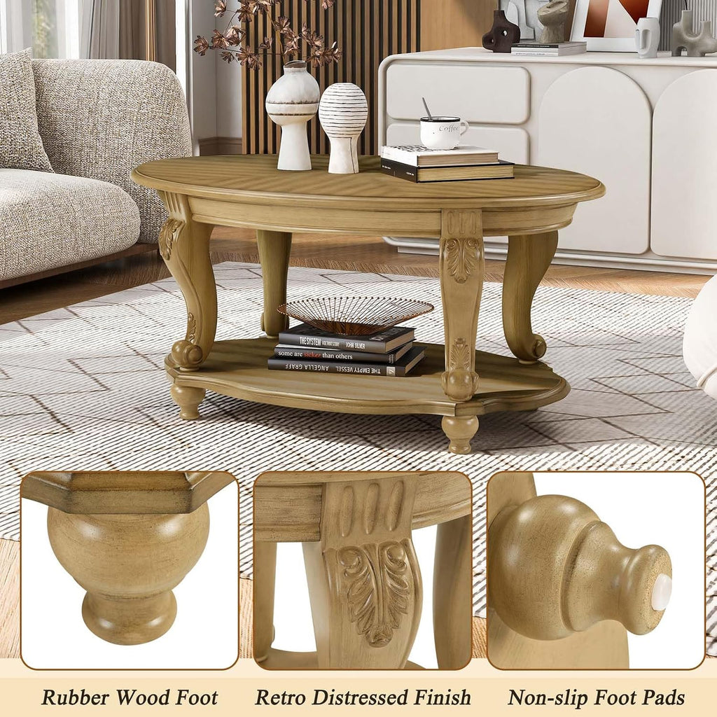 Solid Wood Coffee Table Set for Living Room, Coffee Table & 2 End Side Table 3-Piece Set with Open Storage for Office Apartment Natural
