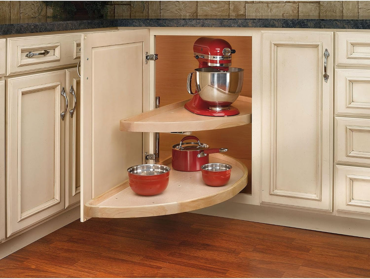 Rev-A-Shelf 35' Dual Shelf Half Moon Lazy Susan Organizer for Diagonal Blind Corner Kitchen Cabinets, Pullout Turntable Trays, Wood, 4WLS882-35-570