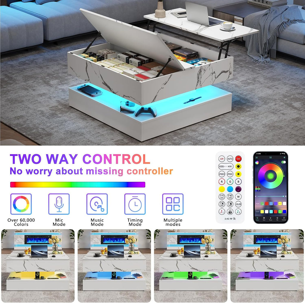 35.4' Large Square Coffee Table with Lifting top,Charging Station,Modern 2-Tier Square Center Table w/Hidden Compartment Storage,Tea Table with Wood Grain for Living Room, Office,White Marble