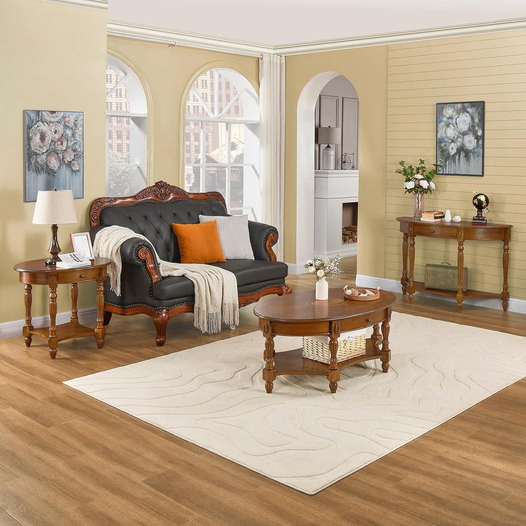 Solid Wood Oval Coffee Table with Drawer, Patterned Top and Vintage Carved Edge, 45' x 18' Center Table in Caramel Brown for Living Room