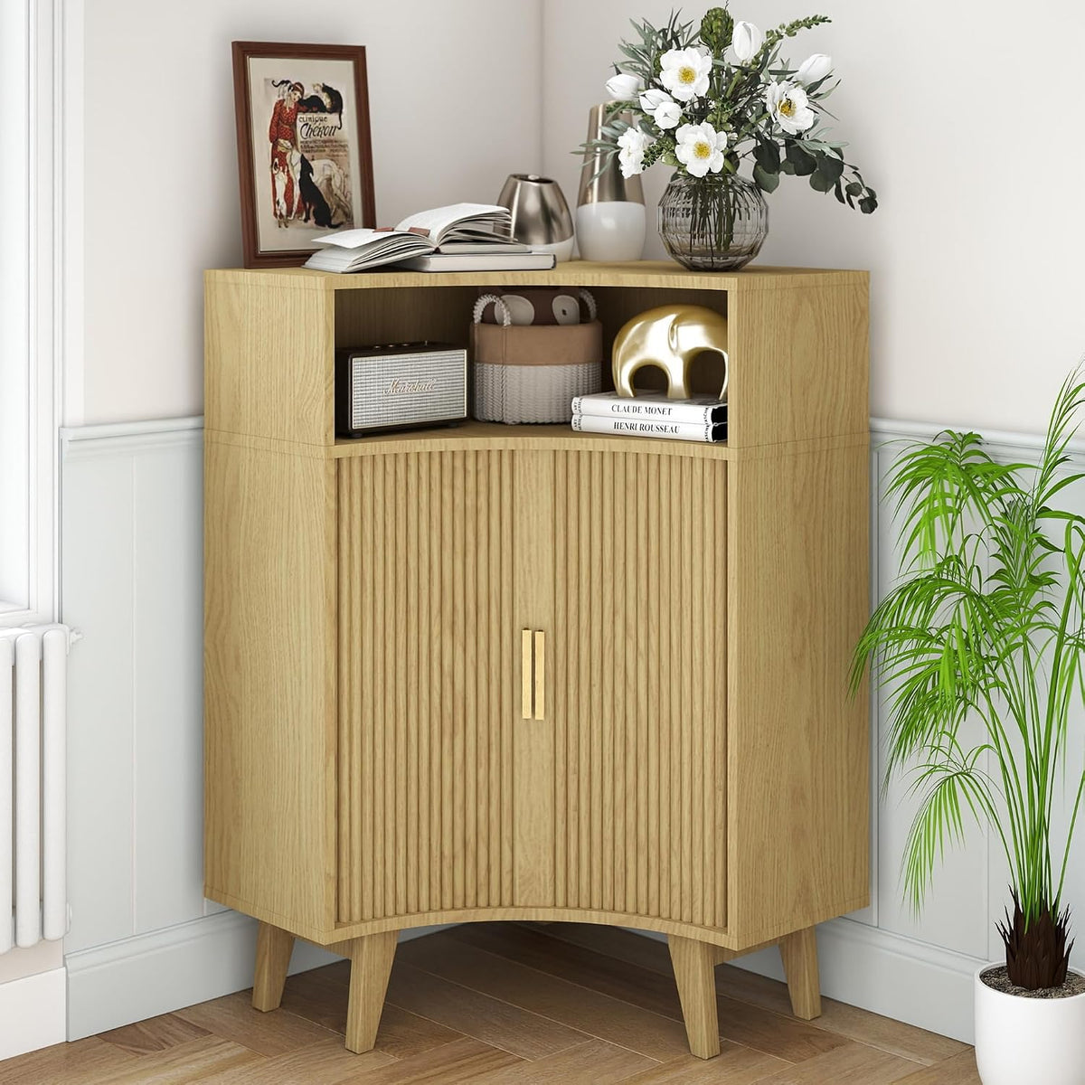 Fluted Corner Cabinet with Open Storage, Modern Floor Cabinets with Sliding Doors and 2-Tier Shelves, Freestanding Narrow Organizer for Small Space,Living Room, Dining Room,Natural