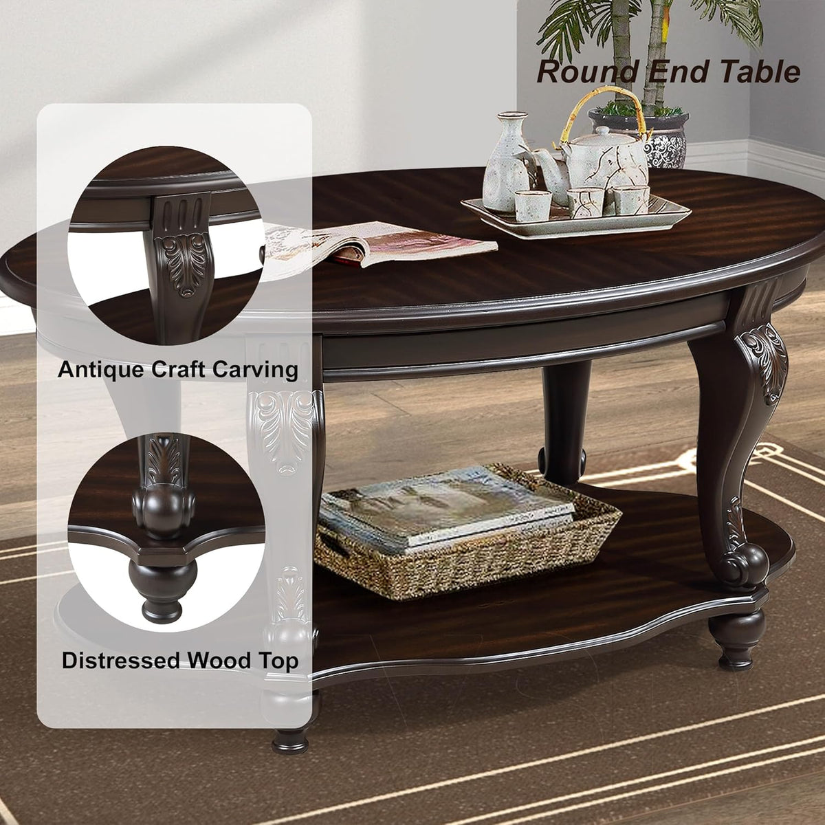 Solid Wood Coffee Table Set for Living Room, Coffee Table & 2 End Side Table 3-Piece Set with Open Storage for Office Apartment Espresso