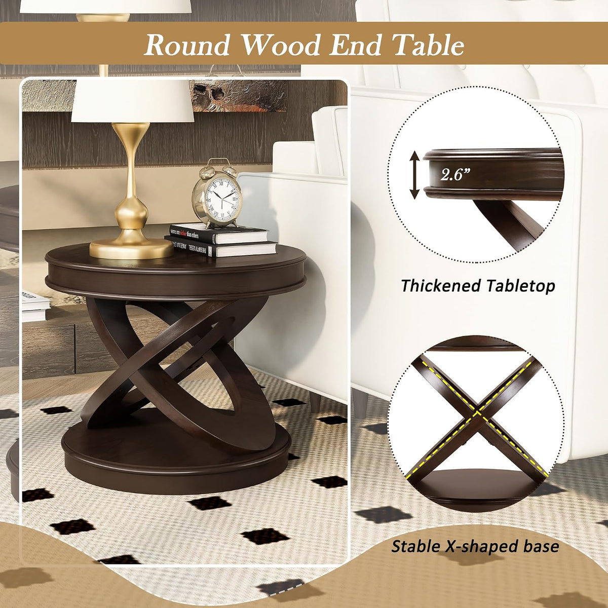 Retro Coffee Table Sets 3 Pieces, Wood Living Room Table Set Include 44' Oval Coffee Table, Round End Table Set of 2